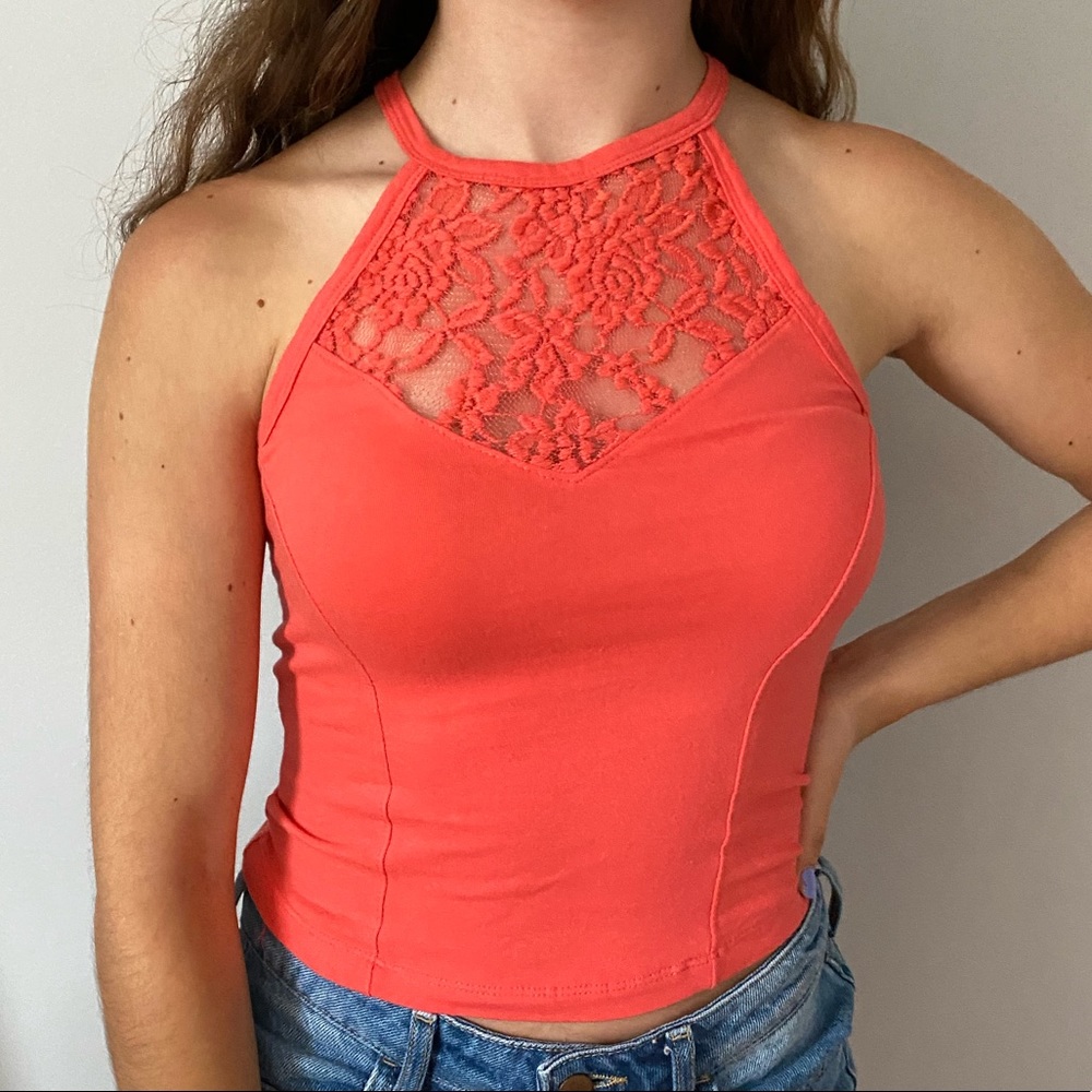 ORANGE LACE HALTER TOP